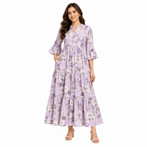 Women Rayon Floral Print Tiered Maxi <b>Dress</b> <b>Long</b> Sleeve Ruffle Sleeve Casual <b>Boho</b> Summer <b>Dress</b> - Product Image 1