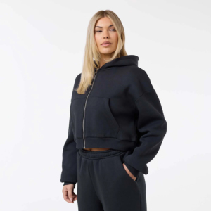 Conjunto Deportivo de Invierno para Mujer, 100% Algodón, con Capucha, Color Negro, Estampado Acid Wash, Cierre Completo con Cremallera, Corte Holgado, Estilo Casual - Product Image 4
