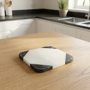 Posavasos Cuadrado de Mármol Blanco Hecho a Mano con Incrustaciones de Piedra Gris Natural, Resistente al Calor, Protector de Mesa para Hogar y Oficina - Product Image 6