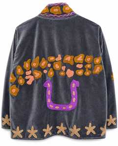 Chaqueta de terciopelo gris con bordado Suzani, diseño floral hecho a mano, estilo bohemio, para invierno. - Product Image 3