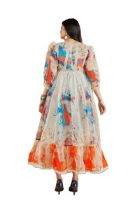 Boho Midi Chiffon <b>Dress</b> with Floral Print Flutter Sleeve A-Line Organza Summer Party Square Neck Loose Fit Layered Hem - Product Image 4
