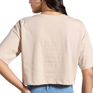 INDEX APPAREL Women's Beige Crop <b>Top</b> Crew Neck Short Sleeve Loose Fit Solid Color Casual Summer Wear - Product Image 5