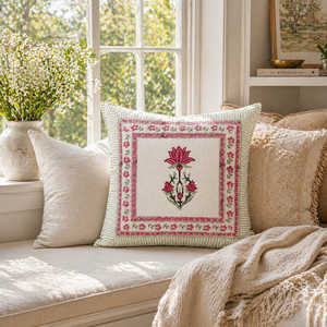 Hand <b>Block</b> Printed Pink Floral Cushion Cover Cotton Decorative Sofa Pillow Cover for Living Room Home Decor - Product Image 2