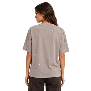 Luxury Gray Dropped Shoulder Tee Sparkling Crystal Embellished Blouse Premium Summer Casual Shimmering <b>Tops</b> Women's Shirts ODM - Product Image 2