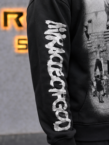 เสื้อฮู้ดซิปเต็มตัวสีดำสำหรับผู้ชาย ทรงโอเวอร์ไซส์ สไตล์สตรีทแวร์ พิมพ์ลายกราฟิก พร้อมลายพิมพ์ที่แขนเสื้อ ผลิตโดยผู้ผลิต - Product Image 3