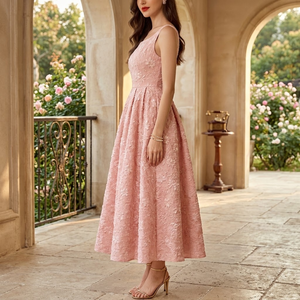 Elegante Vestido Midi Rosa con Estampado Floral Jacquard, Cuello Cuadrado, Sin Mangas, Corte en A, Vestido de Fiesta Vintage, Largo Té, Ropa de Moda para Mujer - Product Image 3