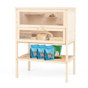 Gabbia per Criceti in Legno di Abete da 80 cm, Taglia XS, con Aree Attività Multilivello, Ripiano Inferiore e Tetto a Rete Ribaltabile per l'Allevamento di Piccoli Animali - Product Image 1