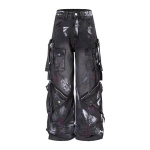 Jeans Cargo Unisex Estilo Y2K con Múltiples Bolsillos, Corte Recto, Denim Lavado, Estilo Hip Hop, Personalizables - Product Image 1