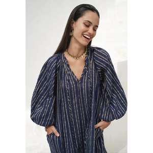 Vestido Maxi Poet, Color Zafiro, Silueta Vintage, Tejido Artesanal Natural, Ecológico, 100% Algodón, Exclusivo y Sostenible - Product Image 3