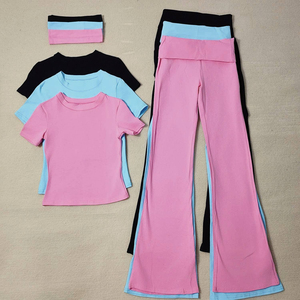 New Women Stretchy 2 Piece Short Sleeve Top and <b>Pull</b> on Pants Set with Adjustable Waist Solid Color for Summer Custom Logo - Product Image 2