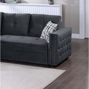 Divano Sezionale Convertibile in Velluto Nero 2 Pezzi con Chaise Longue Reversibile Trapuntata, Letto Estraibile e Contenitore, per Soggiorno - Product Image 5