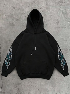 Sweat-shirt à capuche zippé surdimensionné en molleton de coton épais avec motif lettres en strass noirs, style streetwear décontracté hip-hop - Product Image 1