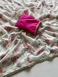 Magnifique ensemble sari et chemisier en Georgette aux couleurs éclatantes avec imprimé Gulab et bordure multicolore en perles, pour femme - Product Image 3