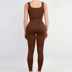Mono de mujer marrón con cuello cuadrado, sin mangas, de cintura alta, control de abdomen, moldeador, minimalista, largo completo, ajuste ceñido, para todas las estaciones - Product Image 4