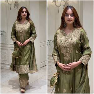 <b>Women</b> Traditional Olive Green Silk Sharara Set With Heavy Embroidery Floor-Length Loose Fit <b>Wedding</b> <b>Dress</b> India Style <b>Suit</b> - Product Image 2