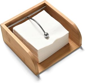 Porte-serviettes de table, boîte carrée, base en bois de bambou, tige en acier, petite taille, décoration moderne pour table à manger et cuisine - Product Image 5