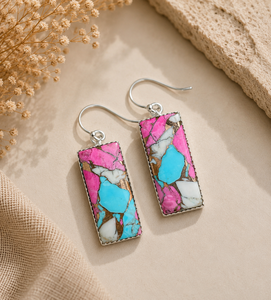 Pendientes Colgantes Rectangulares de Algodón de Azúcar Plateados con Mosaico de Piedras Coloridas Turquesa, Rosa y Blanca para Mujer - Product Image 1
