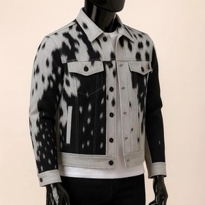 Men's Real Cowhide Leather Canvas <b>Jacket</b> Hair Hide Stand Collar Black Grey Speckled Print <b>Western</b> Trucker Coat Vintage Outerwear - Product Image 5