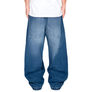 Jean délavé coupe large pour homme, taille haute, coupe ample, grande taille, décontracté, en denim de coton bleu, fermeture boutonnée, couleur unie - Product Image 3