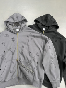 Suéteres para hombre, ropa de calle, chándal, lavado ácido, estampado de hojaldre, cremallera, Sudadera con capucha para hombre, conjuntos de sudadera lisa, vintage, Sudadera con capucha desgastada - Product Image 2