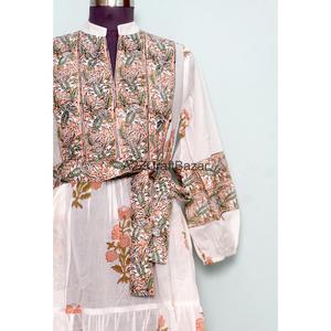 Robe longue en coton faite main, respirante, décontractée, vintage, pour l'été, à porter au quotidien, coupe ample, imprimé floral, col en V, manches longues, taille naturelle - Product Image 4