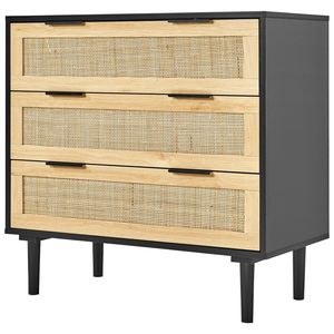 Comò Moderno a 3 Cassetti in Rattan, Cassettiera in Legno Naturale, Organizzatore per Vestiti con Stile Boho per Applicazioni in Seminterrato - Product Image 1