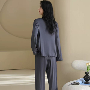Conjunto de pijama de punto con cintura elástica y ribete en contraste para mujer, pantalones y top de manga larga, ropa de dormir cómoda, ropa moderna para estar en casa, suave - Product Image 4