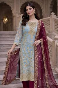 Ensemble Kurti bleu clair brodé, pantalon palazzo bordeaux et dupatta, tenue de fête indienne - Product Image 2
