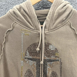 เสื้อฮู้ดดี้แฟชั่นผู้ชาย ตกแต่งด้วยคริสตัล ฮิปฮอป ดีไซน์วินเทจ ล้างสีแบบวินเทจ โลโก้คริสตัลแบบกำหนดเอง เสื้อฮู้ดดี้ซิปแบบลำลอง - Product Image 3