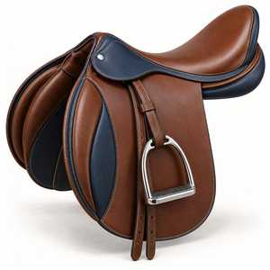 Silla de Montar Inglesa de Cuero Duradera para Escuelas y Clubes de Equitación, Silla de Montar Inglesa de Cuero Marrón y Azul Marino con Estribos - Product Image 2