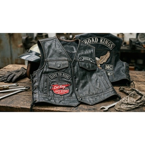 Chaleco de Motociclista de Cuero Genuino para Hombre con Laterales con Cordones y Parches Personalizados de Águila Rockera - Product Image 6