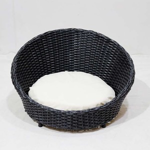 New Design Plastic Wicker Tapered Pet <b>Sofa</b> Bed Black Round Lounge Basket with White Cushion - Product Image 4
