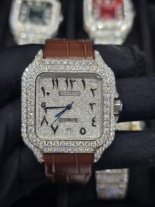 Montre de luxe mécanique pour homme en acier inoxydable, carrée, entièrement sertie de diamants Moissanite, avec bracelet en cuir, analogique, bracelet de 16 mm - Product Image 1