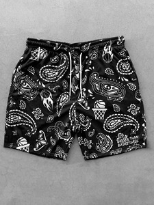 Shorts de basketball pour hommes à imprimé cachemire, séchage rapide, style urbain, taille à cordon, rouge, noir, blanc - Product Image 4