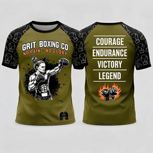 Camiseta Deportiva Unisex de Manga Corta Grit Boxing Co, Ajustada, de Poliéster, con Estampado por Sublimación, Color Verde Oliva, con Gráfico de Boxeo y Frases Motivacionales - Product Image 1