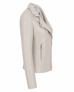 Women Ivory Faux Leather <b>Biker</b> <b>Jacket</b> Asymmetric Zip Quilted Panels Lapel Collar Slim Fit Casual Streetwear Fashion Outerwear - Product Image 4