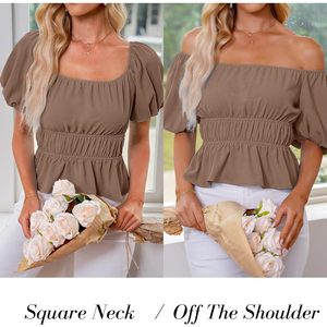 2025 2023 blusas informales elegantes para mujer con cuello cuadrado y hombros descubiertos, Top con dobladillo con volantes, manga abullonada, Tops formales de verano de talla XL - Product Image 5