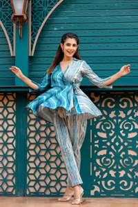 Ayiva Co-ord Set- Set of 2 Two piece set Cotton Top with <b>Belt</b> and Pant Pure Cotton Digital Printed Top and Pant Co-Ord Set - Product Image 3