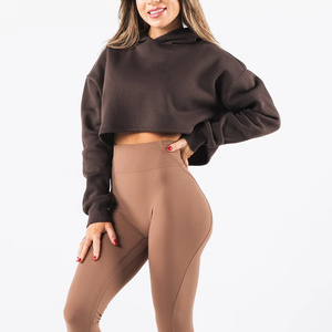 Unique Style Women Gym Running Cropped Pullover Hoodies Solid Color Breathable Oversized <b>Drop</b>-Shoulder Winter Hooded Sweatshirt - Product Image 1