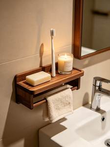 Juego de baño de madera de diseño minimalista, dispensador de jabón, soporte para cepillos de dientes, bandeja redonda de tres piezas, fácil de limpiar, juego de decoración de madera - Product Image 3
