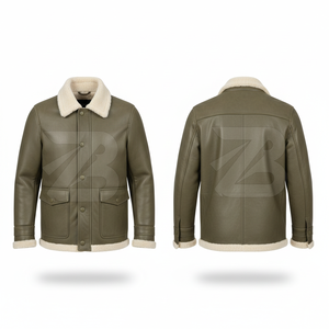 Men Winter Bomber Jacket Green Woolen Body Leather Sleeves Faux <b>Fur</b> Collar Windproof Casual Thick Regular Fit - Product Image 5