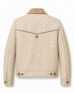 Veste en cuir pour homme Cream Desert, col rabattu, patch brodé Route 66, style décontracté pour l'automne - Product Image 2