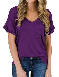 T-shirt d'été décontracté pour femme avec poches, couleur macaron, style urbain, manches courtes, col en V, coupe ajustée - Product Image 1