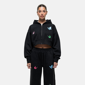 Sudadera con Capucha Corta Negra para Mujer con Mariposas Bordadas, Sudadera con Cierre, Manga Regular, Tejido de Algodón, Ropa de Otoño - Product Image 3