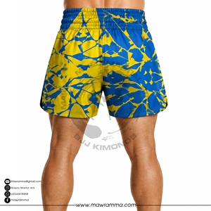 Shorts de Muay Thai MAWRA bleu électrique et jaune, imprimé verre brisé, sublimation personnalisée professionnelle pour le kickboxing et le MMA, 100% sublimation sur le devant - Product Image 2