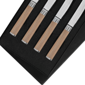 Ensemble de 4 couteaux à steak en acier Damas, lames tranchantes avec manches en bois Pakkawood blond, boîte cadeau pour couper le bœuf et la viande au dîner - Product Image 3