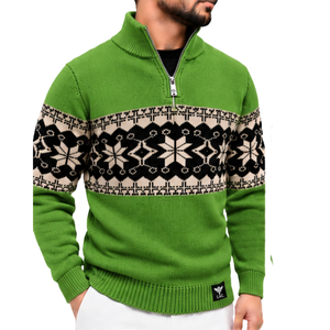 Suéter de Lana/Acrílico Verde para Hombre con Cierre de Cremallera, Diseño Fair Isle, Antipilling, Jacquard de Copo de Nieve Nórdico, Cuello Alto, Manga Larga - Product Image 1