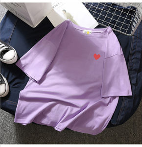 Camiseta Básica Elástica de Algodón para Mujer de Alta Calidad, Transpirable, con Estampado de Corazón, Informal, Lisa, Teñida - Product Image 6