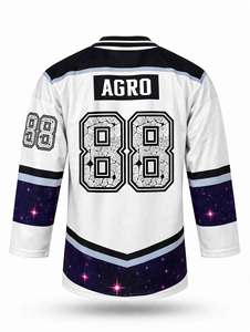 Camiseta de hockey sobre hielo blanca personalizada por sublimación, con mascota de mapache, ribete galáctico, cuello con cordones, uniforme de equipo extragrande, transpirable, deportivo - Product Image 4
