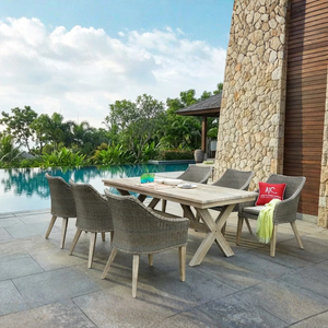 Ensemble de salle à manger de jardin en pin pliable moderne avec chaises en osier et table en bois brossé pour appartement et hôtel - Product Image 1